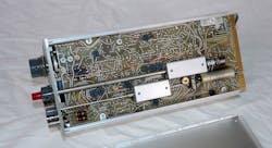 5. The solder side of the FG502 PCB includes several adjustment pots. The “Function” and “Multiplier” knobs connect to shielded enclosures to simplify board layout and minimize noise. 5. The solder side of the FG502 PCB includes several adjustment pots. The “Function” and “Multiplier” knobs connect to shielded enclosures to simplify board layout and minimize noise.