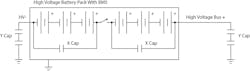 3. Shown is a simplified circuit diagram of a high-voltage battery pack integrated with a BMS. 3. Shown is a simplified circuit diagram of a high-voltage battery pack integrated with a BMS.