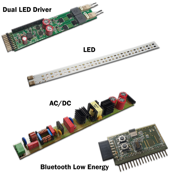 Shown is ON Semiconductor&rsquo;s LIGHTING-1-Connected Lighting Platform: At the top is the dual dc LED driver module; below that is the lighting module with dual 16 LED strings; next down is the ac-dc power module; and at the bottom is the Bluetooth Low Energy wireless module for connectivity.