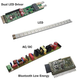 Shown is ON Semiconductor’s LIGHTING-1-Connected Lighting Platform: At the top is the dual dc LED driver module; below that is the lighting module with dual 16 LED strings; next down is the ac-dc power module; and at the bottom is the Bluetooth Low Energy wireless module for connectivity. Shown is ON Semiconductor’s LIGHTING-1-Connected Lighting Platform: At the top is the dual dc LED driver module; below that is the lighting module with dual 16 LED strings; next down is the ac-dc power module; and at the bottom is the Bluetooth Low Energy wireless module for connectivity.