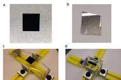 2. Transfer of CNT-forest from silicon wafer onto prestretched elastomer substrate: (a) Optical image of the CNT-forest on silicon wafer; (b) Optical image of the silicon wafer&rsquo;s surface after the CNT-forest was transferred. Transferred CNT-forest on the elastomer substrate: (c) before and (d) after relaxation of the uniaxial strain.