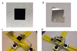 2. Transfer of CNT-forest from silicon wafer onto prestretched elastomer substrate: (a) Optical image of the CNT-forest on silicon wafer; (b) Optical image of the silicon wafer’s surface after the CNT-forest was transferred. Transferred CNT-forest on the elastomer substrate: (c) before and (d) after relaxation of the uniaxial strain. 2. Transfer of CNT-forest from silicon wafer onto prestretched elastomer substrate: (a) Optical image of the CNT-forest on silicon wafer; (b) Optical image of the silicon wafer’s surface after the CNT-forest was transferred. Transferred CNT-forest on the elastomer substrate: (c) before and (d) after relaxation of the uniaxial strain.