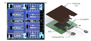 3. The photo presents an example TeraPHY die, showing 16-channel 25G photonic transmit (Tx) and receiver (Rx) macros along with corresponding serializer/deserializer (SerDes) (a). The exploded view of a multi-chip module (b) includes a system-on-chip die and two TeraPHY chiplets. (Source: Ayar Labs)