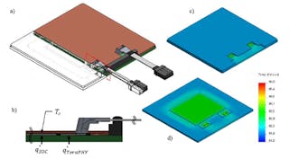 4. Shown are a cut-away isometric view of multichip module (MCM) with inset over fiber array region (a); inset illustrating boundary conditions used in a thermal model (b); thermal model (fiber array omitted) (c); and a thermal interface material (TIM) and lid removed for clarity (d). (Source: Ayar Labs)