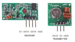 1. The FS1000A RF transmitter (right) has a range of up to 200 m. The XY-MK-5V RF (left) receiver operates at 5 V and uses only 4 mA.