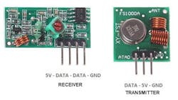 1. The FS1000A RF transmitter (right) has a range of up to 200 m. The XY-MK-5V RF (left) receiver operates at 5 V and uses only 4 mA. 1. The FS1000A RF transmitter (right) has a range of up to 200 m. The XY-MK-5V RF (left) receiver operates at 5 V and uses only 4 mA.