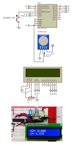 2. The transmit module is tied to the PIC16F1619 microcontroller. The voltage and frequency inputs are not shown. Our transmitter prototype uses a potentiometer to adjust the voltage and frequency inputs. 2. The transmit module is tied to the PIC16F1619 microcontroller. The voltage and frequency inputs are not shown. Our transmitter prototype uses a potentiometer to adjust the voltage and frequency inputs.