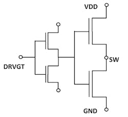 1. Shown is a typical MOSFET output stage. The driver controls the high-side and low-side devices. (Courtesy of Silicon Frontline) 1. Shown is a typical MOSFET output stage. The driver controls the high-side and low-side devices. (Courtesy of Silicon Frontline)