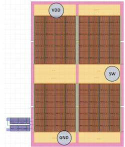 2. In this physical layout representation, a MOSFET output stage is arranged as four quadrants of 16 devices each, for a total of 64 instances. Drivers are located in the lower-left corner (in blue), with bonding pad locations at the top, bottom, and center. (Courtesy of Silicon Frontline) 2. In this physical layout representation, a MOSFET output stage is arranged as four quadrants of 16 devices each, for a total of 64 instances. Drivers are located in the lower-left corner (in blue), with bonding pad locations at the top, bottom, and center. (Courtesy of Silicon Frontline)