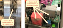4. Here, carbon dust is contaminating the air intake grill (left) and the circuit board (right). 4. Here, carbon dust is contaminating the air intake grill (left) and the circuit board (right).
