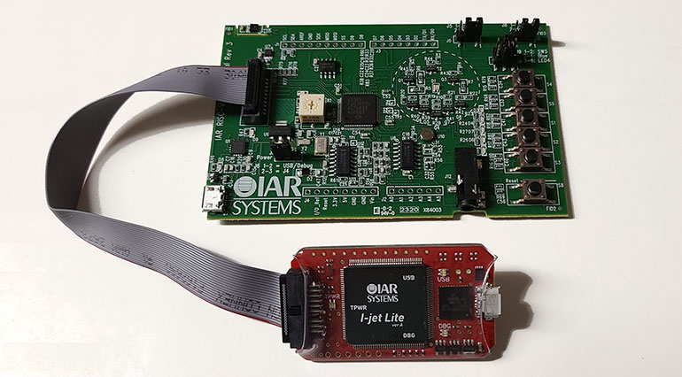 2. IAR&rsquo;s development board is built around the GD32VF103RBT6 RISC-V microcontroller from GigaDevice Semiconductor. The I-Jet Lite provides JTAG support.