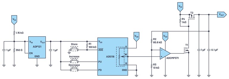 1. Combining a digital potentiometer with a high-voltage switching regulator creates a pushbutton-controlled, variable-output voltage source.