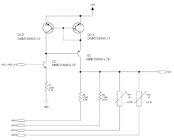 The Q1-Q3 transistors and R1 resistor form a constant-current source that sources about 1 mA using a 2.5-V ADC voltage reference. The Q1-Q3 transistors and R1 resistor form a constant-current source that sources about 1 mA using a 2.5-V ADC voltage reference.