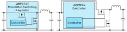 1. Shown are a monolithic buck converter (left) and a controller solution with external switches (right). 1. Shown are a monolithic buck converter (left) and a controller solution with external switches (right).