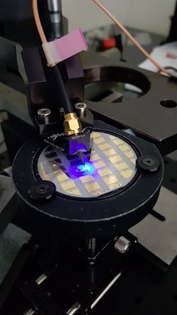 1. The single 10-µm GaN-based micro LED is the blue-light source for the data stream. (Source: CEA-Leti) 1. The single 10-µm GaN-based micro LED is the blue-light source for the data stream. (Source: CEA-Leti)