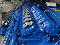 4. The farm's generator is driven by a conventional stationary CHP motor, optimized to run on biogas. (Credit: ETW Energietechnik) 4. The farm's generator is driven by a conventional stationary CHP motor, optimized to run on biogas. (Credit: ETW Energietechnik)