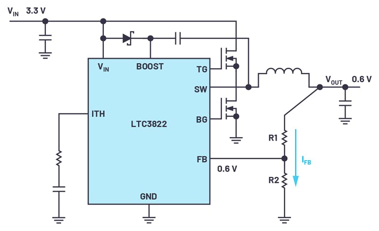 1. An LTC3822 dc-dc converter can be used to generate low output voltages down to 0.6 V.