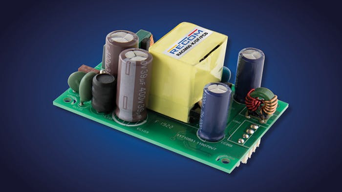 Shown is RECOM&rsquo;s RACM60-K open-frame 60-W ac-dc power supply.