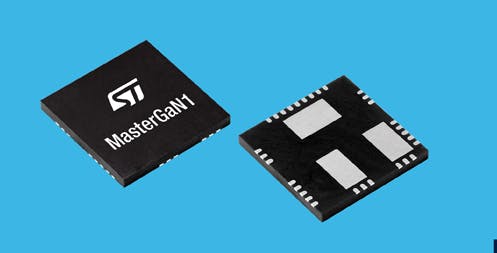 1. STMicro&rsquo;s MasterGaN1 contains two GaN HEMT power transistors and a pair of silicon STDRIVE 600-V ICs.