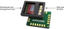 The ADPD188BI optical sensor IC, built for photoelectric smoke-detection devices, features blue and infrared LEDs plus two photodiode detectors. (Source: Analog Devices)