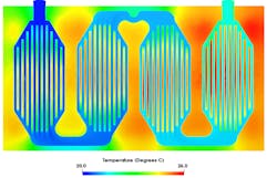 3. Hot spots are revealed within the IGBT modules. (Source: SimScale) 3. Hot spots are revealed within the IGBT modules. (Source: SimScale)
