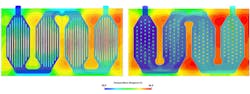 6. Block temperature is compared between the original cooling block (left) and the improved design (right). (Source: SimScale) 6. Block temperature is compared between the original cooling block (left) and the improved design (right). (Source: SimScale)