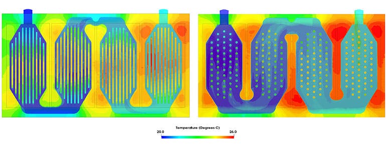 6. Block temperature is compared between the original cooling block (left) and the improved design (right). (Source: SimScale)