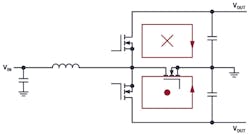 2. The Silent Switcher concept is applied to a boost converter with magnetic fields that cancel each other out.
