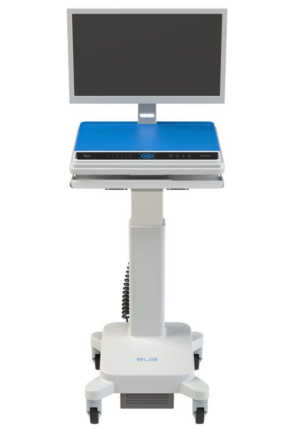 1. Shown is a medical mobile workstation with in-base power, manufactured by Simplifi Medical.