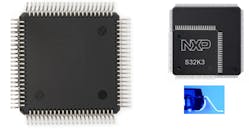 2. The MaxQFP package (left) reduces the chip footprint by more than 50% (top right). Half of the pins have a conventional QFP layout, while the other half curve under the chip (bottom right).