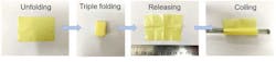 2. Digital photos of the folding and releasing process of QUPA/ANF-2.0 membrane. The QUPA/ANF-2.0 membrane can be rolled up and folded without any damage. 2. Digital photos of the folding and releasing process of QUPA/ANF-2.0 membrane. The QUPA/ANF-2.0 membrane can be rolled up and folded without any damage.