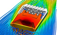 2. Velocity streamlines and temperature distribution of the LED spotlight’s solid components. (Source: SimScale) 2. Velocity streamlines and temperature distribution of the LED spotlight’s solid components. (Source: SimScale)