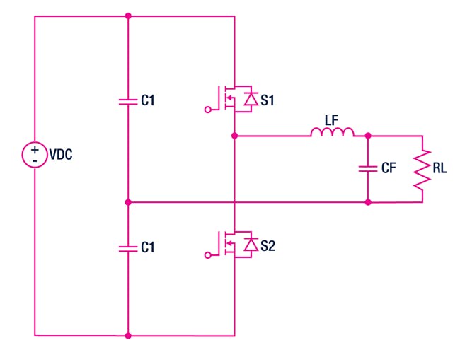 5. This schematic illustrates a half-bridge inverter topology for ac voltage generation.
