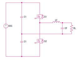 5. This schematic illustrates a half-bridge inverter topology for ac voltage generation. 5. This schematic illustrates a half-bridge inverter topology for ac voltage generation.