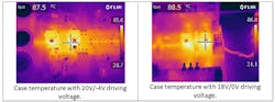 7. These images depict case temperature measurements with two driving voltages: 20 V/−4 V (left) and 18 V/0 V (right). 7. These images depict case temperature measurements with two driving voltages: 20 V/−4 V (left) and 18 V/0 V (right).