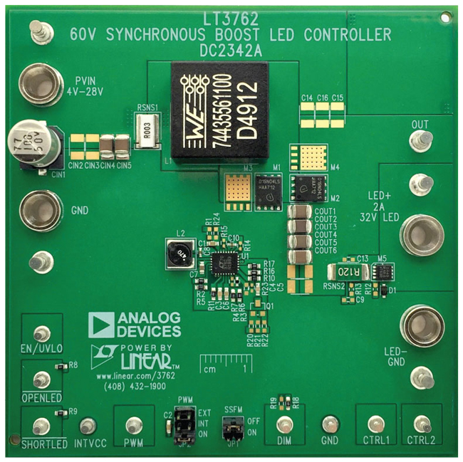 1. The LT3762 demonstration circuit (DC2342A) powers up to 32 V of LEDs at 2 A over a wide input-voltage range. This demo circuit can easily be modified with additional MOSFETs and capacitors to increase the output power. 1. The LT3762 demonstration circuit (DC2342A) powers up to 32 V of LEDs at 2 A over a wide input-voltage range. This demo circuit can easily be modified with additional MOSFETs and capacitors to increase the output power.