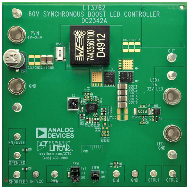 1. The LT3762 demonstration circuit (DC2342A) powers up to 32 V of LEDs at 2 A over a wide input-voltage range. This demo circuit can easily be modified with additional MOSFETs and capacitors to increase the output power.