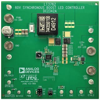 1. The LT3762 demonstration circuit (DC2342A) powers up to 32 V of LEDs at 2 A over a wide input-voltage range. This demo circuit can easily be modified with additional MOSFETs and capacitors to increase the output power.
