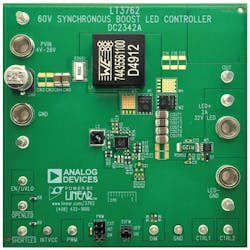 1. The LT3762 demonstration circuit (DC2342A) powers up to 32 V of LEDs at 2 A over a wide input-voltage range. This demo circuit can easily be modified with additional MOSFETs and capacitors to increase the output power. 1. The LT3762 demonstration circuit (DC2342A) powers up to 32 V of LEDs at 2 A over a wide input-voltage range. This demo circuit can easily be modified with additional MOSFETs and capacitors to increase the output power.