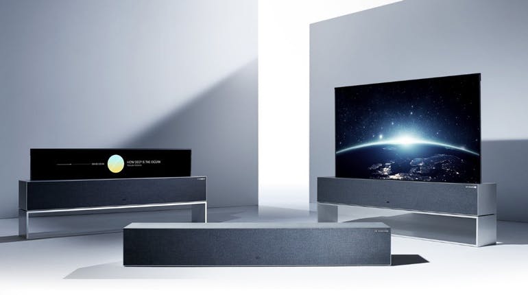 2. The LG Signature OLED R 65-in. TV can roll up and disappear into its base. (Source: LG)