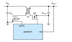 1. Shown is a typical flyback regulator (flyback converter) that handles power of up to approximately 60 W.