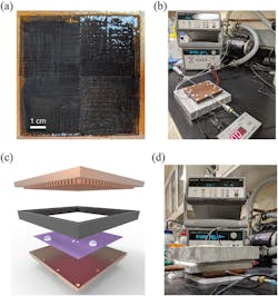 2. Experimental setup of the bridging-droplet thermal diode. (a) Photograph of the wicked copper plate possessing an array of wetted micropillars of dimensions 100 &times; 100 &times; 600 &mu;m. (b) Photograph of the fully assembled vapor chamber. (c) Schematic depicting the different components of the chamber. From top to bottom: the wicked copper plate, the insulating gasket, the hydrophobic promoter, and its underlying copper plate. (d) Photograph of the fully assembled vapor chamber with heat sink and insulation. (Source: Virginia Polytechnic Institute)