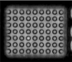 3. The bright appearance of one solder bump suggests presence of a void. 3. The bright appearance of one solder bump suggests presence of a void.