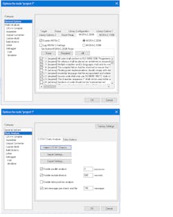 1. IAR’s Workbench C compiler has MISRA C support that’s easy to enable (left). The C-STAT handles the latest MISRA C specifications (right). 1. IAR’s Workbench C compiler has MISRA C support that’s easy to enable (left). The C-STAT handles the latest MISRA C specifications (right).