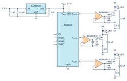 1. This simplified schematic depicts an LED driver for control of three separate LEDs.