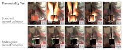 2. When exposed to open flame, lithium-ion pouch batteries made with today&rsquo;s commercial current collectors (top row) caught fire and burned vigorously until all of the electrolyte burned away. Batteries with the new flame-retardant collectors (bottom row) produced weak flames that went out within a few seconds and did not flare up again even when the scientists tried to relight them. (Source: Yusheng Ye/Stanford University)
