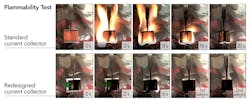 2. When exposed to open flame, lithium-ion pouch batteries made with today’s commercial current collectors (top row) caught fire and burned vigorously until all of the electrolyte burned away. Batteries with the new flame-retardant collectors (bottom row) produced weak flames that went out within a few seconds and did not flare up again even when the scientists tried to relight them. (Source: Yusheng Ye/Stanford University) 2. When exposed to open flame, lithium-ion pouch batteries made with today’s commercial current collectors (top row) caught fire and burned vigorously until all of the electrolyte burned away. Batteries with the new flame-retardant collectors (bottom row) produced weak flames that went out within a few seconds and did not flare up again even when the scientists tried to relight them. (Source: Yusheng Ye/Stanford University)
