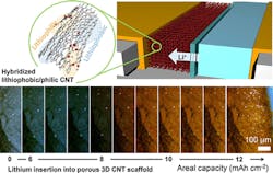 3. The Texas A&M team created a carbon-nanotube scaffold that minimizes dendrite growth while also providing the necessary binding surface for lithium ions. (Source: Texas A&M University) 3. The Texas A&M team created a carbon-nanotube scaffold that minimizes dendrite growth while also providing the necessary binding surface for lithium ions. (Source: Texas A&M University)