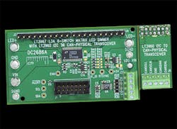 2. The DC2686A demonstration circuit features the LT3960 transceiver and the LT3967 eight-switch matrix LED dimmer IC. 2. The DC2686A demonstration circuit features the LT3960 transceiver and the LT3967 eight-switch matrix LED dimmer IC.