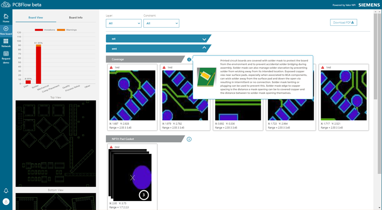 PCBflow is powered by the Valor NPI software engine, which performs over 1,000 DFM checks in design for fabrication (DFF) and design for assembly (DFA).